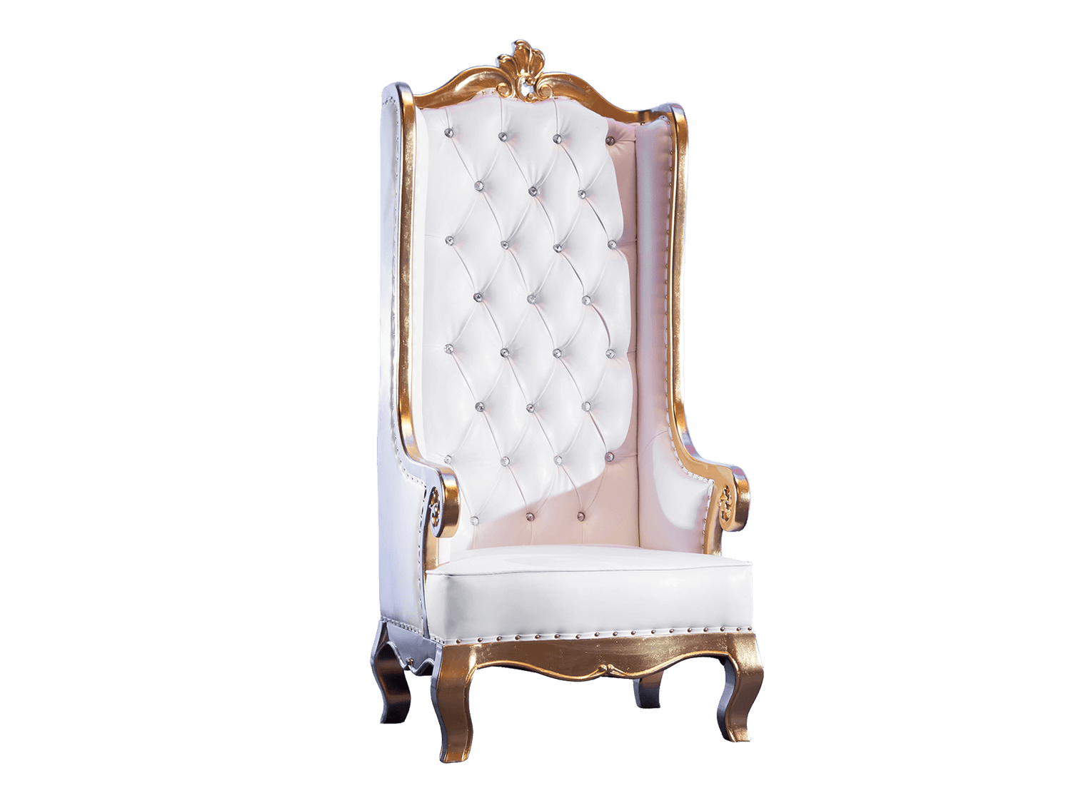 CHARLOTTE THRONE CHAIR - GOLD - H 69" / W 30" / D 27" / D(seat) 24" The Charlotte throne chair is a classic design that exudes class and refinement. The chair is framed in gold and the white diamond tufted leather provides sparkle that will dazzle guest a