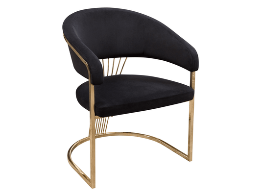 INFINITE CHAIR - BLACK - H 34" / W 26" / D 25" The Infinite Dining Chair in Black is an elegant dining chair option for sophisticated events. Featuring luxe black microfiber fabric and bright gold legs and details, this chair can be used as a dining chair