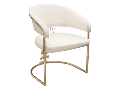 INFINITE CHAIR - IVORY - H 34" / W 26" / D 25" The Infinite Dining Chair in Ivory is an elegant dining chair option for sophisticated events and weddings. Featuring luxe ivory microfiber fabric and bright gold legs and details, this chair can be used in a