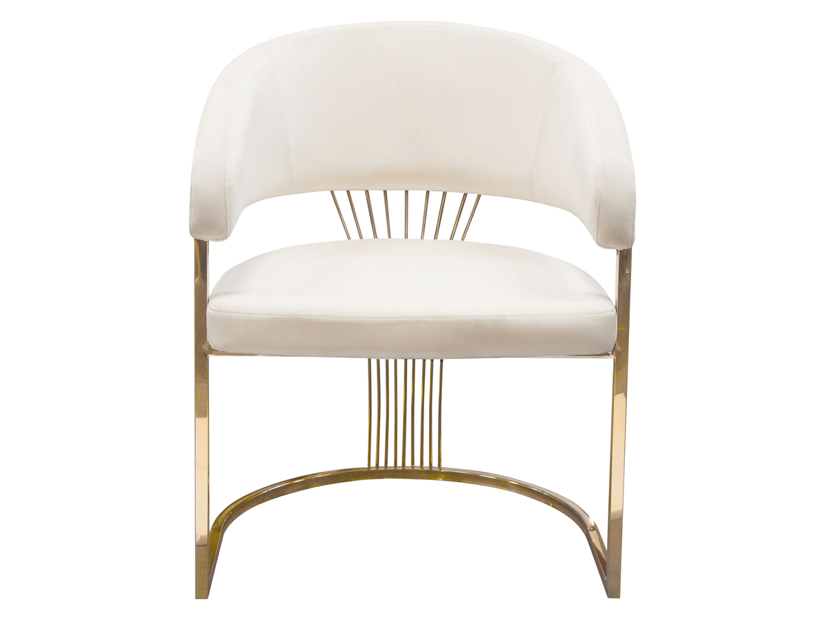 INFINITE CHAIR - IVORY - H 34" / W 26" / D 25" The Infinite Dining Chair in Ivory is an elegant dining chair option for sophisticated events and weddings. Featuring luxe ivory microfiber fabric and bright gold legs and details, this chair can be used in a