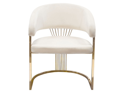 INFINITE CHAIR - IVORY - H 34" / W 26" / D 25" The Infinite Dining Chair in Ivory is an elegant dining chair option for sophisticated events and weddings. Featuring luxe ivory microfiber fabric and bright gold legs and details, this chair can be used in a