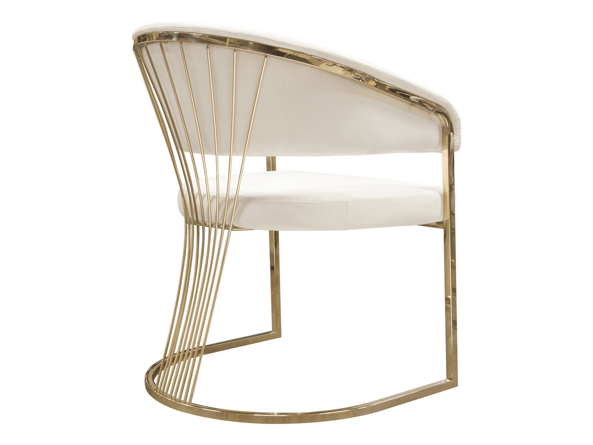 INFINITE CHAIR - IVORY - H 34" / W 26" / D 25" The Infinite Dining Chair in Ivory is an elegant dining chair option for sophisticated events and weddings. Featuring luxe ivory microfiber fabric and bright gold legs and details, this chair can be used in a