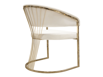 INFINITE CHAIR - IVORY - H 34" / W 26" / D 25" The Infinite Dining Chair in Ivory is an elegant dining chair option for sophisticated events and weddings. Featuring luxe ivory microfiber fabric and bright gold legs and details, this chair can be used in a