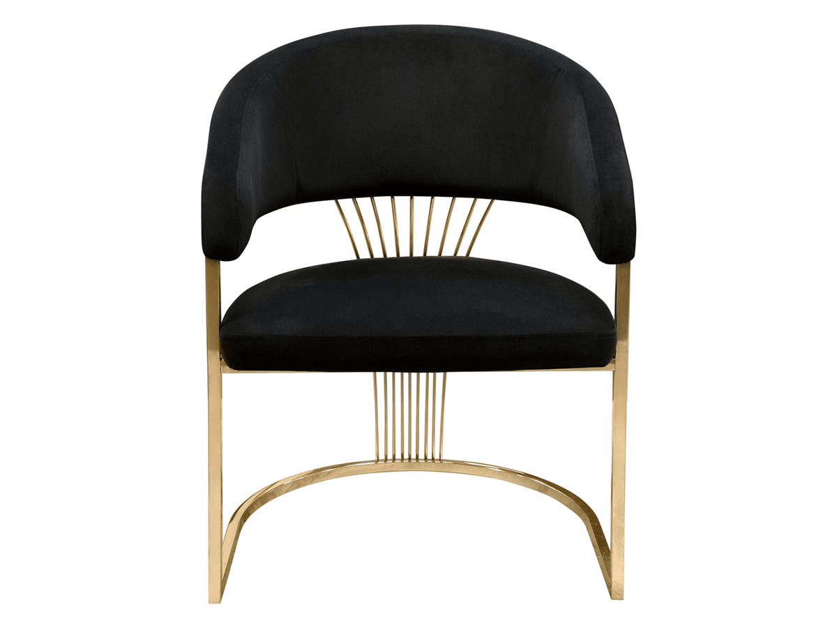 INFINITE CHAIR - BLACK - H 34" / W 26" / D 25" The Infinite Dining Chair in Black is an elegant dining chair option for sophisticated events. Featuring luxe black microfiber fabric and bright gold legs and details, this chair can be used as a dining chair