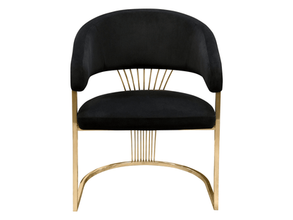 INFINITE CHAIR - BLACK - H 34" / W 26" / D 25" The Infinite Dining Chair in Black is an elegant dining chair option for sophisticated events. Featuring luxe black microfiber fabric and bright gold legs and details, this chair can be used as a dining chair