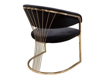 INFINITE CHAIR - BLACK - H 34" / W 26" / D 25" The Infinite Dining Chair in Black is an elegant dining chair option for sophisticated events. Featuring luxe black microfiber fabric and bright gold legs and details, this chair can be used as a dining chair