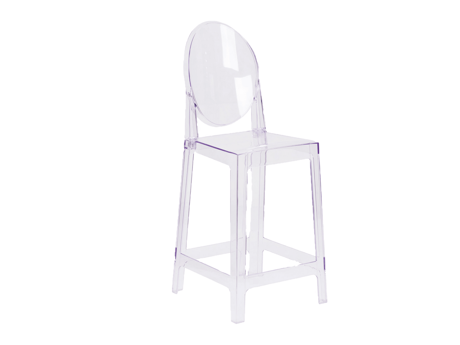GHOST BARSTOOL - OVAL - H 46.5" / W 17" / D 20.5" LLL's Oval Ghost Barstool is a solid transparent acrylic barstool with a large oval back. This chair can be decorated with custom decals and its clear structure is exquisite in rooms with full uplighting.