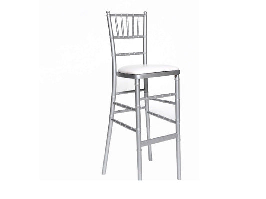 CHIAVARI BARSTOOL - SILVER - H 45" / W 18" / D 18" LLL's Chiavari Barstool in Silver is a bar height stool styled to resemble traditional Chiavari dining chairs. It has a luxurious metallic silver finish that combines traditional beauty and modern cool.